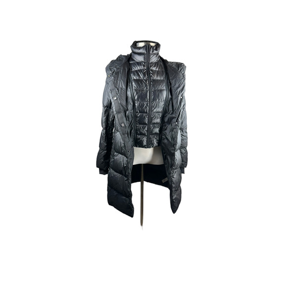 Athleta Lofty Down Coat Goose Down Black Puffer Hooded Puffy Long Coat Medium - Picture 11 of 16